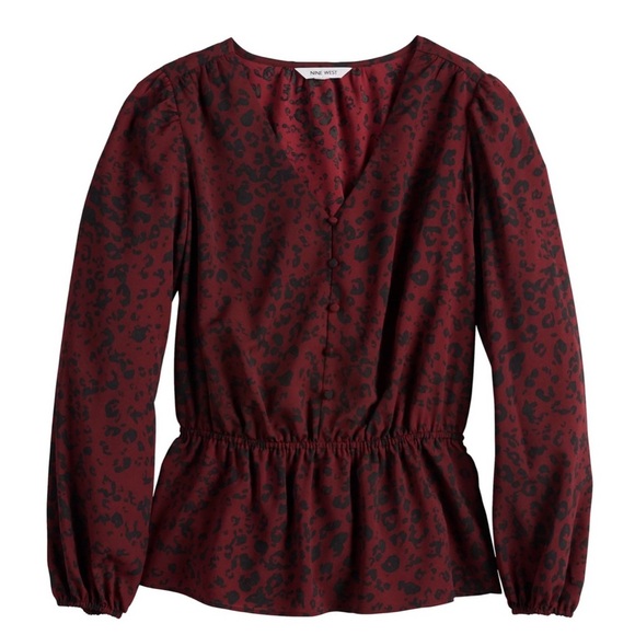 Nine West Women’s Cinched Waist V-Neck Blouse in Deep Red Cheetah Size Medium - Picture 2 of 9